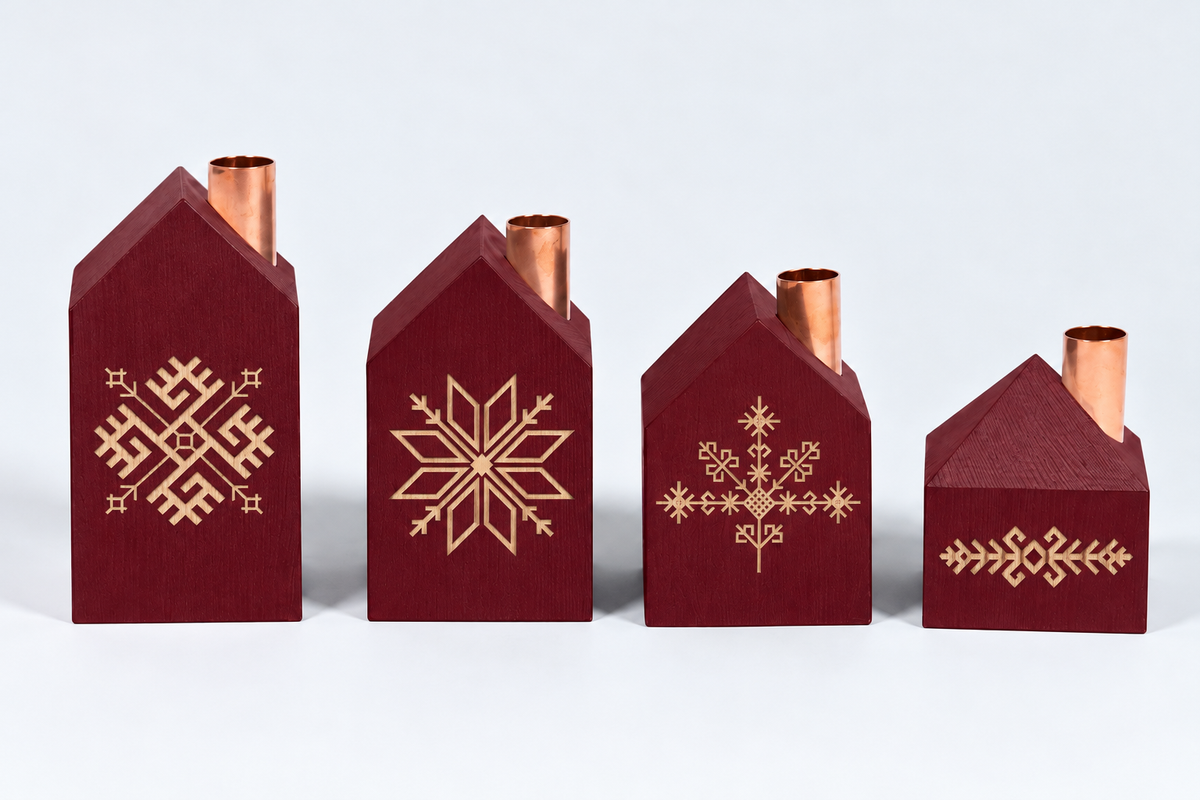 Dark red pine house candle holders with Latvian symbols