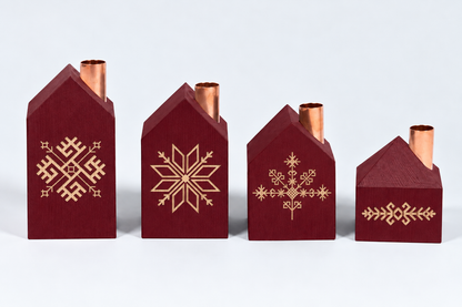 Dark red pine house candle holders with Latvian symbols