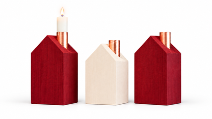 Red-white-red house candle holder set